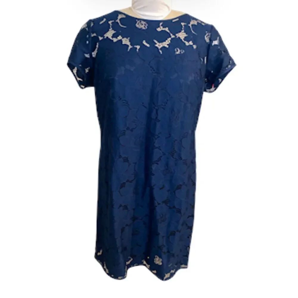 LOFT Lace Overlay Shift Dress Sz. 14 Tie Keyhole Back Navy Easter Weddin…